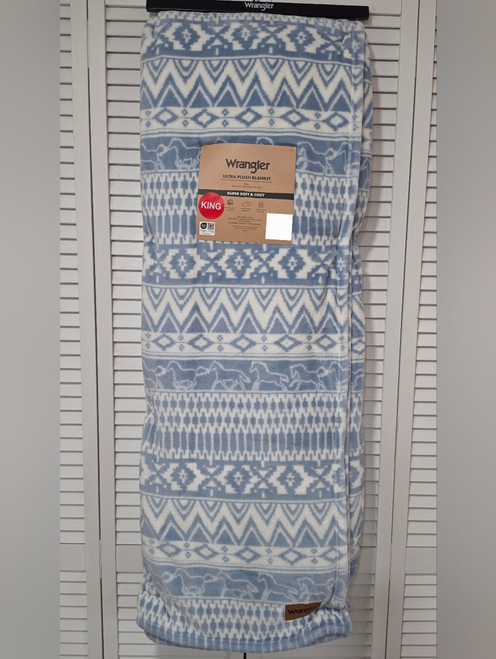 Wrangler Blue and White Aztec Horse Plush KING Size Blanket